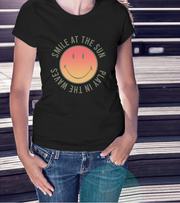Smile At The Sun Play In The Waves Sunset Gradient Smiley Face T-Shirt