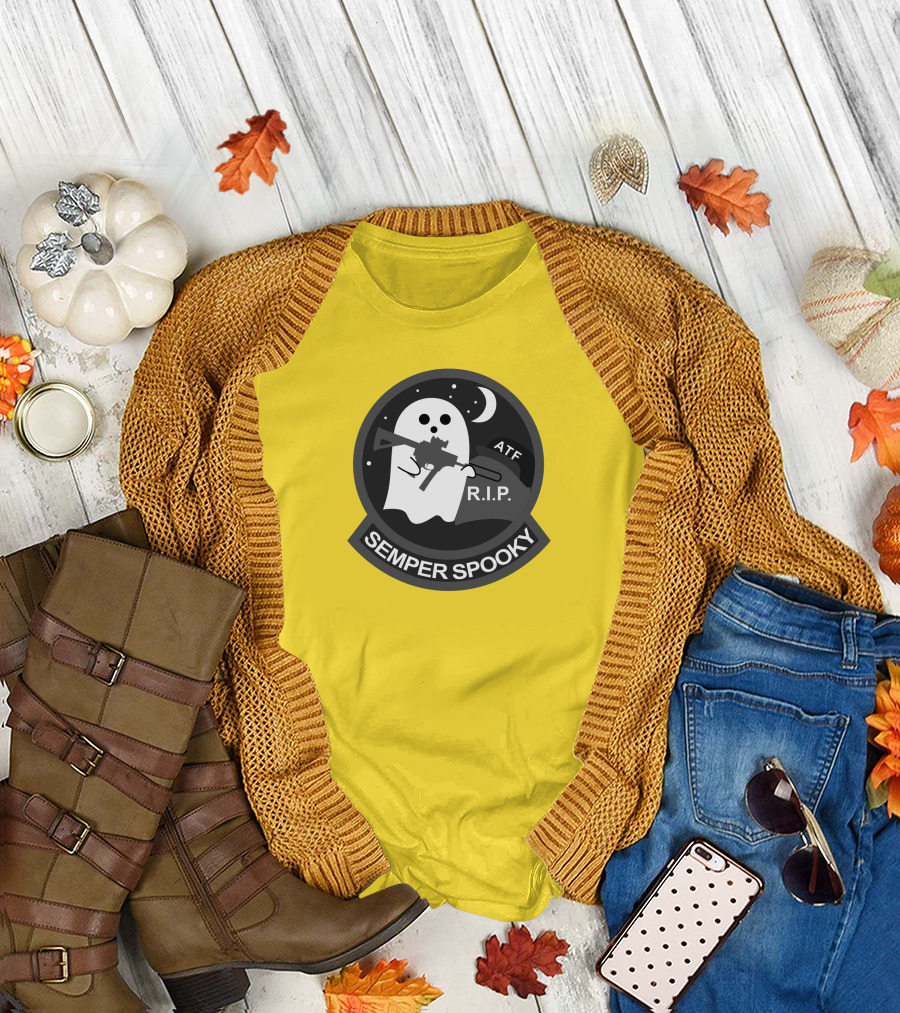 Semper Spooky Ghost with ATF Rifle and RIP Moon Badge T-Shirt