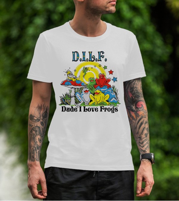 D.I.L.F. Dude I Love Frogs Colorful Frog Scene With Stars And Mushrooms T-Shirt