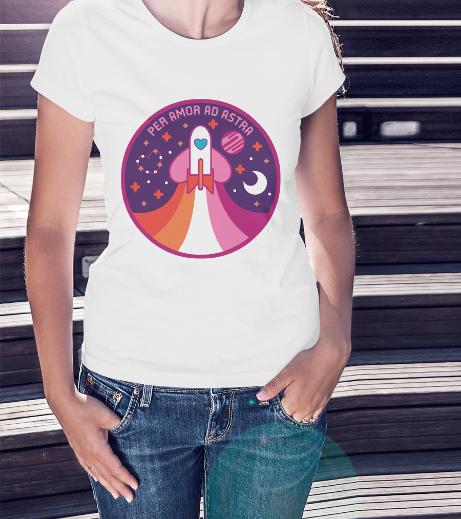 Per Amor Ad Astra Space Pride Lesbian Flag Rocket Heart Planet Moon T-Shirt