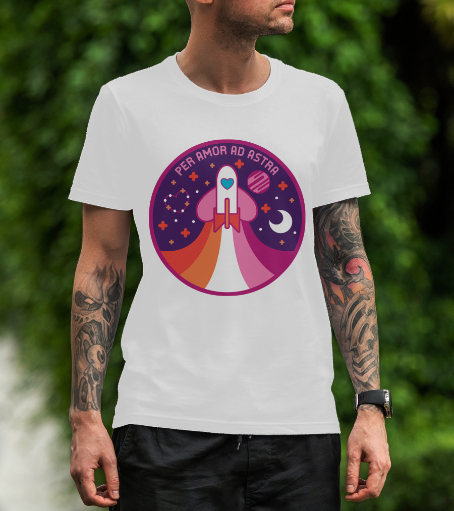 Per Amor Ad Astra Space Pride Lesbian Flag Rocket Heart Planet Moon T-Shirt
