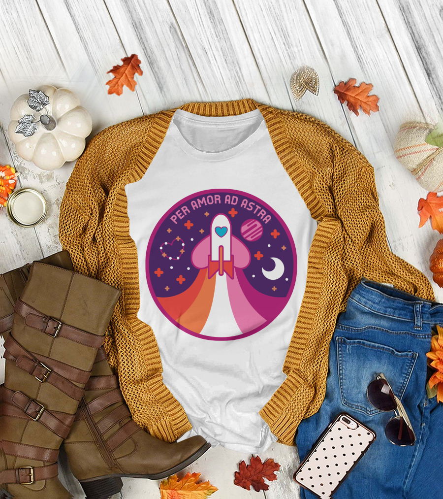 Per Amor Ad Astra Space Pride Lesbian Flag Rocket Heart Planet Moon T-Shirt