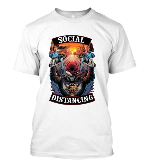 Social Distancing Ride Free Biker Skull Chicano Crew Motorcycle T-Shirt