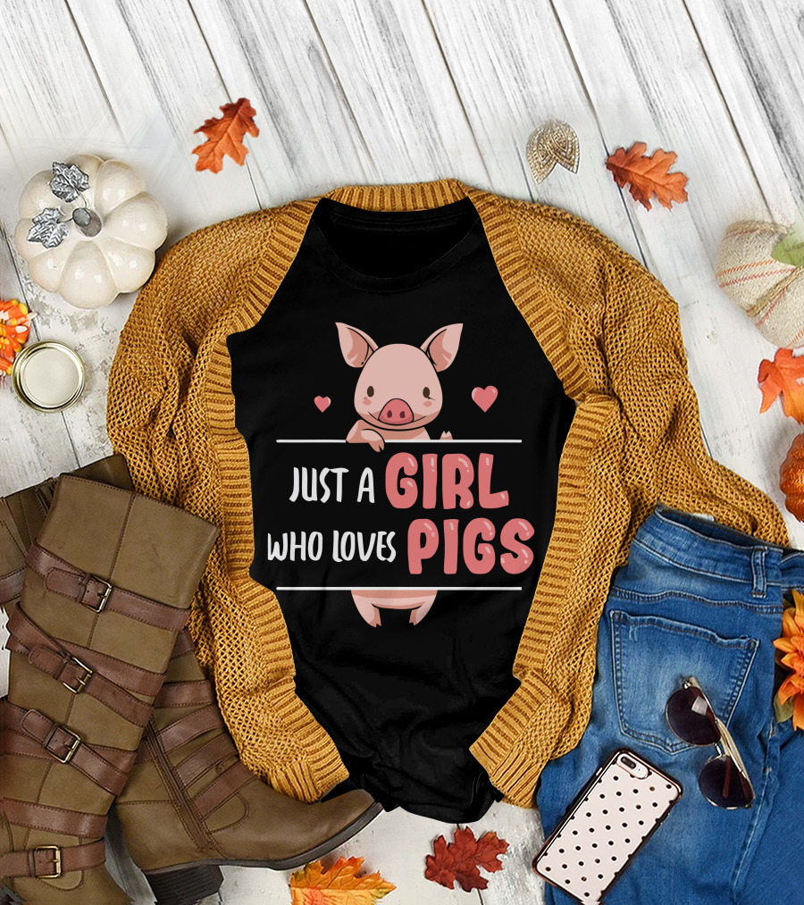 Just a Girl Who Loves Pigs Cute Pig Cartoon with Hearts T-Shirt
