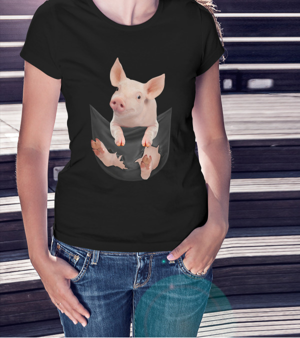 Pig-in-Pocket Cute 3D Piglet Peeking Out T-Shirt