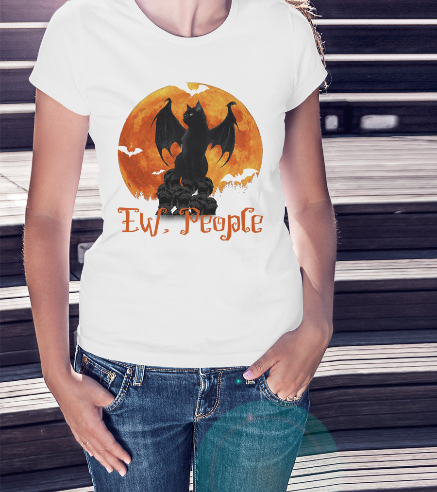 Ew People Black Cat With Bat Wings Halloween Orange Moon T-Shirt