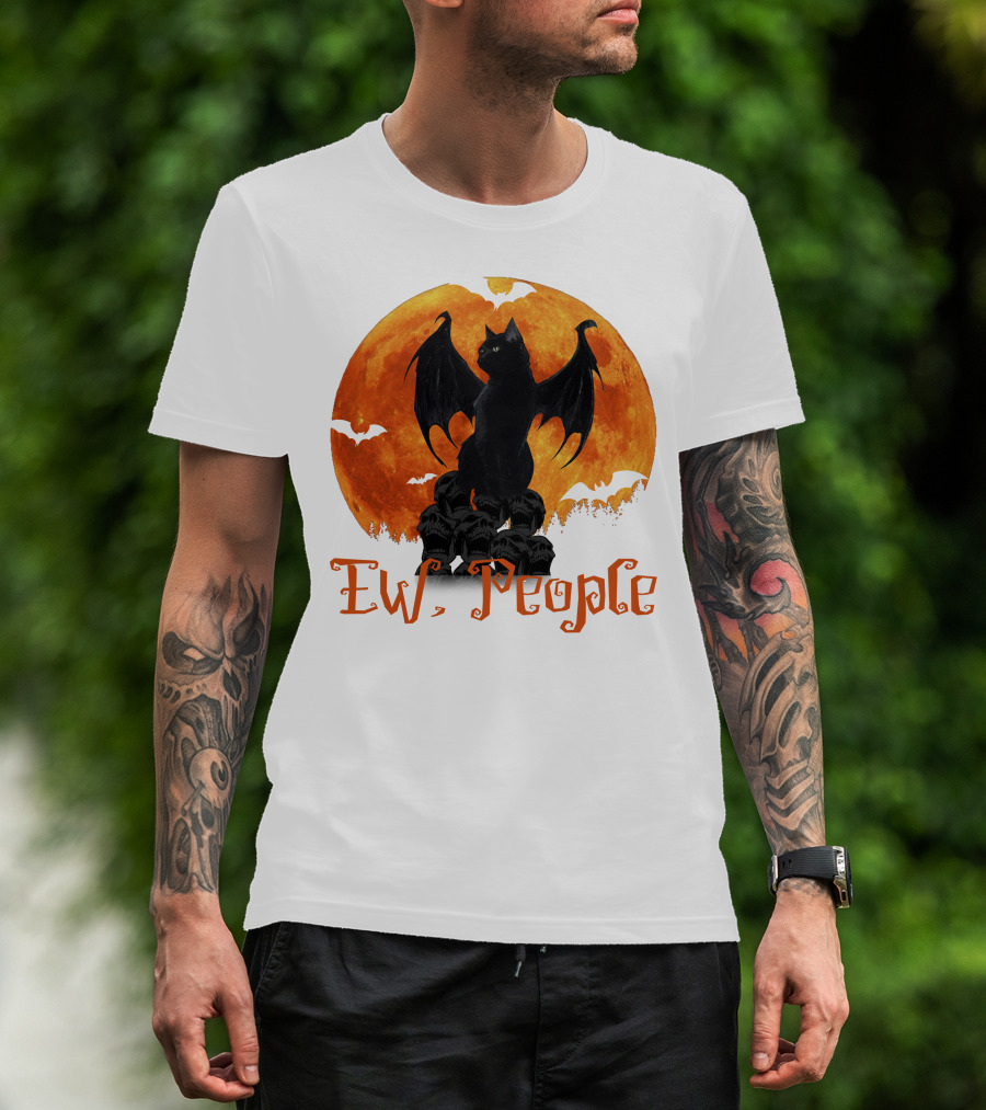 Ew People Black Cat With Bat Wings Halloween Orange Moon T-Shirt