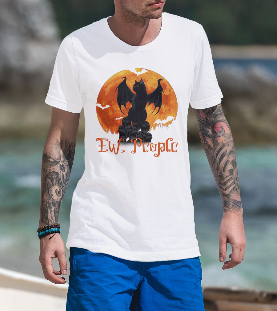 Ew People Black Cat With Bat Wings Halloween Orange Moon T-Shirt