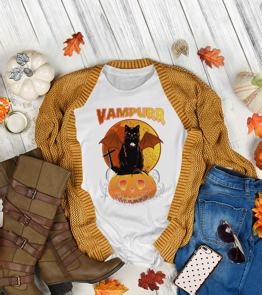 Vampurr Black Cat with Bat Wings and Pumpkin Halloween T-Shirt