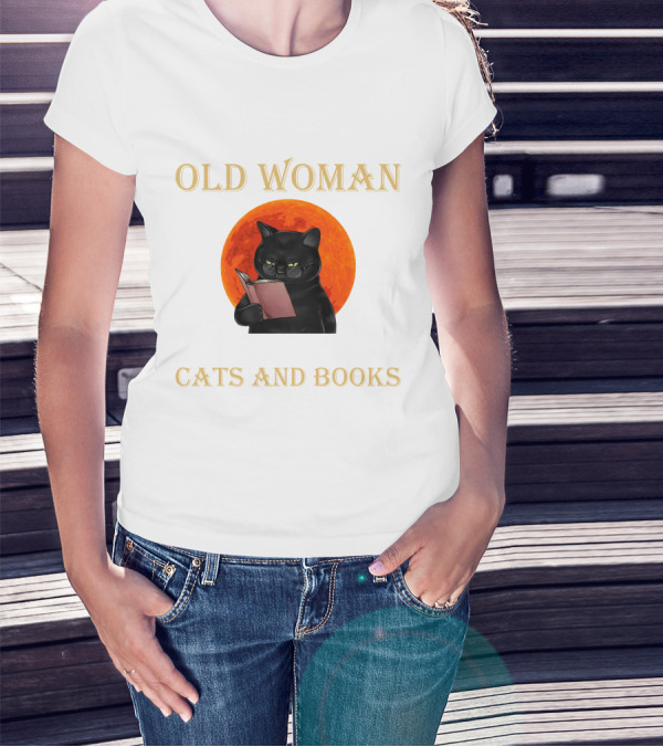 Old Woman Cats And Books Black Cat Reading Orange Moon T-Shirt