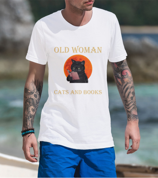Old Woman Cats And Books Black Cat Reading Orange Moon T-Shirt