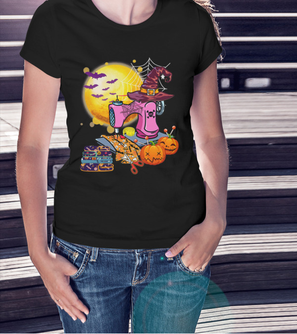 Sewing Machine Witch Hat Halloween Pumpkins Bats Moon T-Shirt