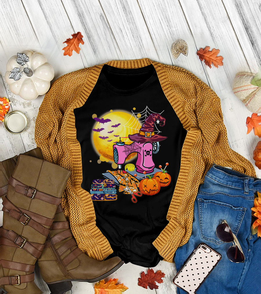 Sewing Machine Witch Hat Halloween Pumpkins Bats Moon T-Shirt
