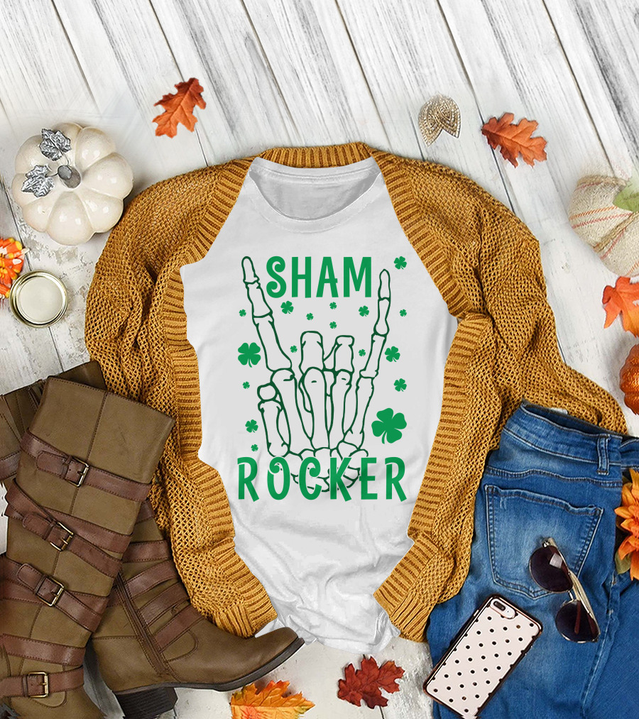 SHAM ROCKER Skeleton Hand with Shamrocks T-Shirt