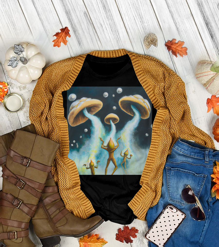 Style The Arrival of Leman Alien Cosmic Encounter with Mushroom UFOs T-Shirt