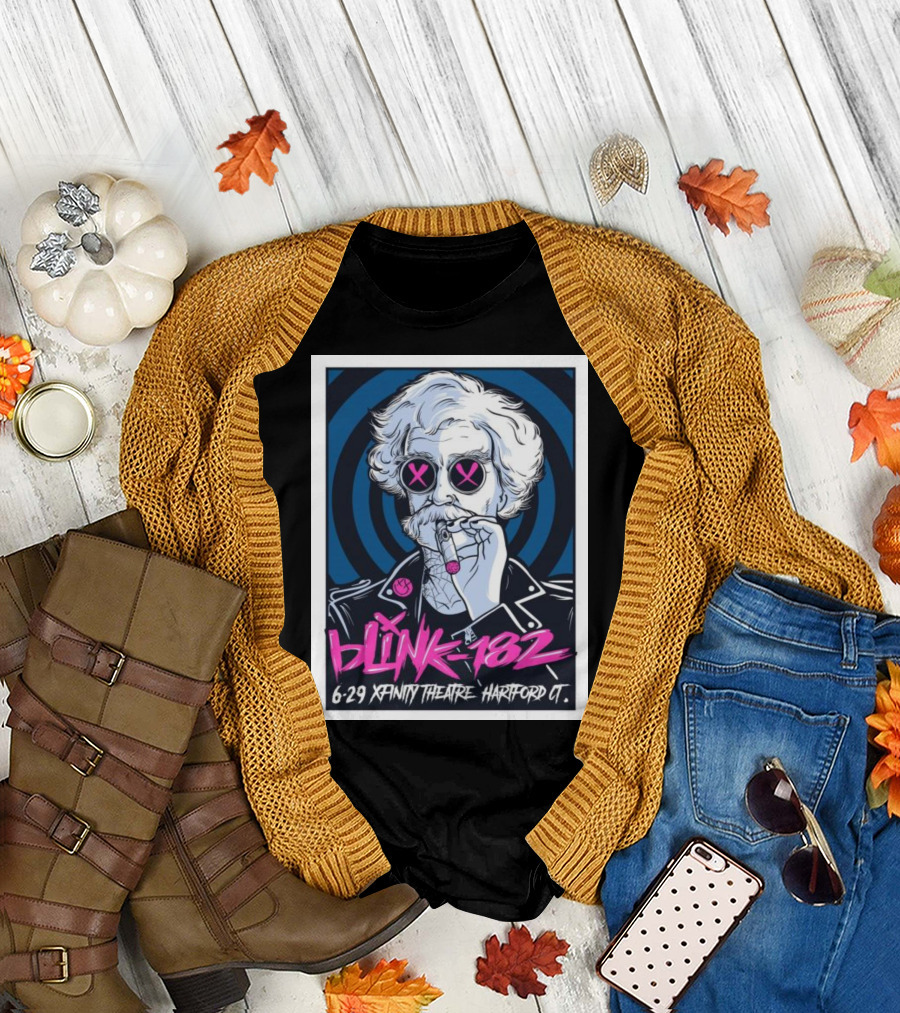 Blink-182 6-29 Xfinity Theatre Hartford CT Smoking Figure with Pink Crossed Out Eyes in Blue Spiral Background T-Shirt