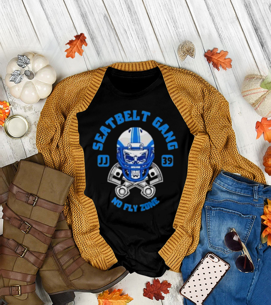 Seatbelt Gang No Fly Zone JJ 39 Football Helmet Skull with Pistons T-Shirt