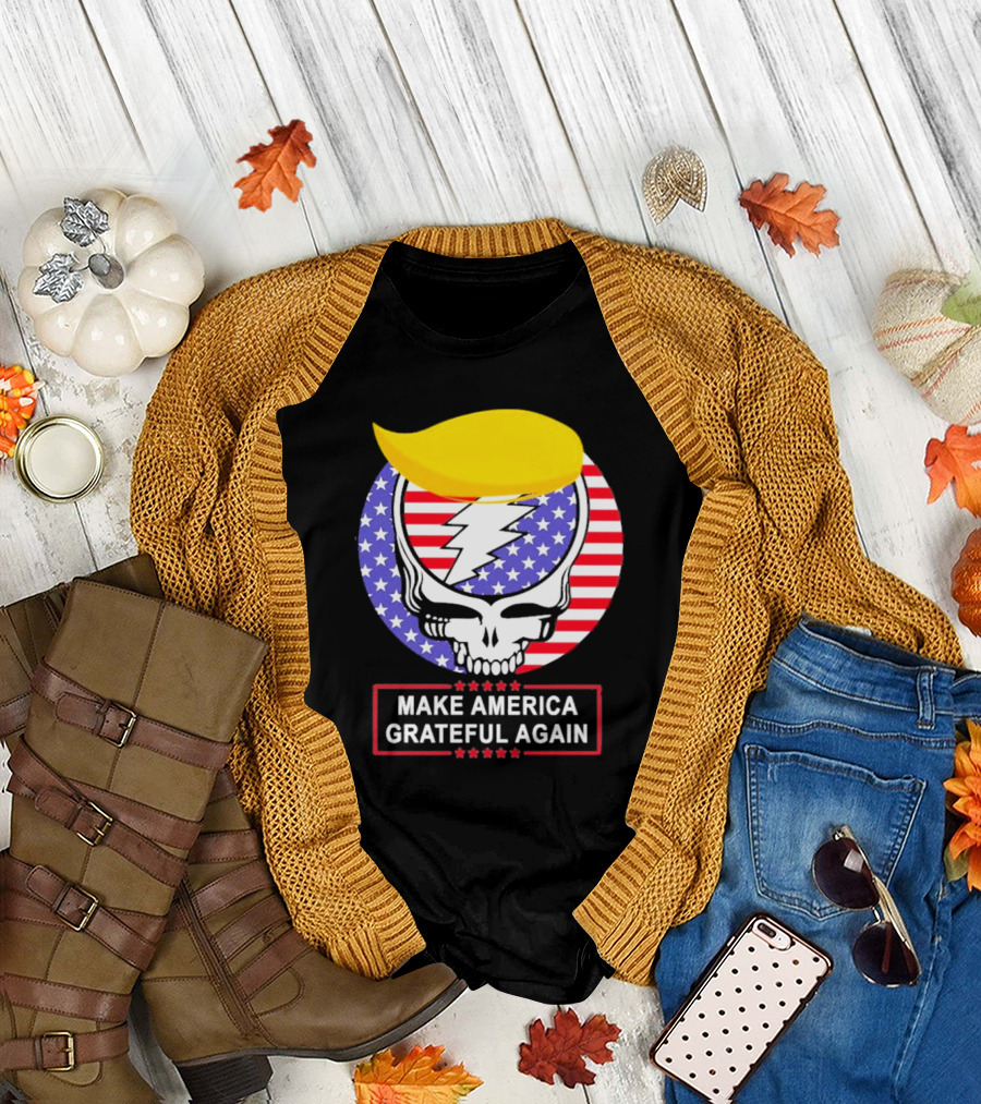 Make America Grateful Again Skull with Lightning Bolt and Flag T-Shirt