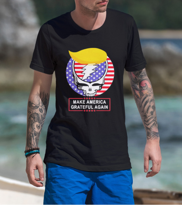 Make America Grateful Again Skull With Lightning Bolt And Flag T-Shirt