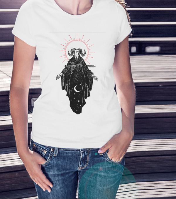 Micah Ulrich The Queen Of Swords Tarot Horned Figure Red Halo Crescent Moon Stars T-Shirt