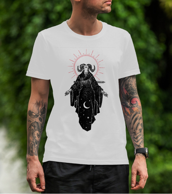 Micah Ulrich The Queen Of Swords Tarot Horned Figure Red Halo Crescent Moon Stars T-Shirt