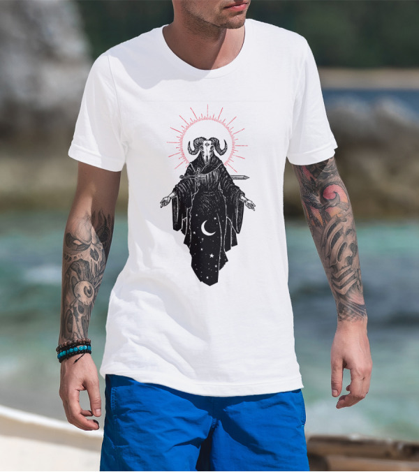 Micah Ulrich The Queen Of Swords Tarot Horned Figure Red Halo Crescent Moon Stars T-Shirt