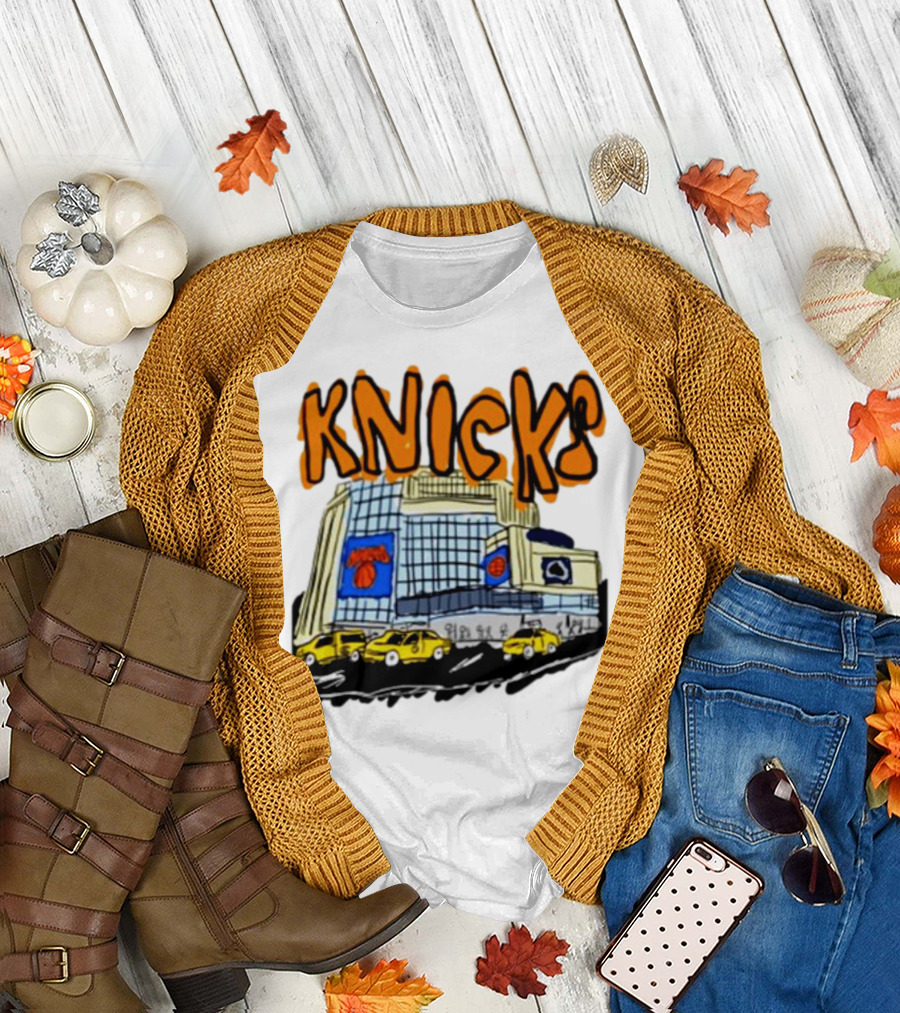 Knicks New York City Taxi Sketch with Arena Background T-Shirt