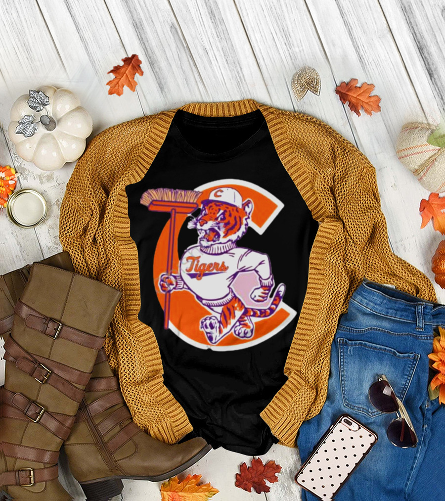 Clemson Tigers Vintage Logo with Broom and Letter C T-Shirt