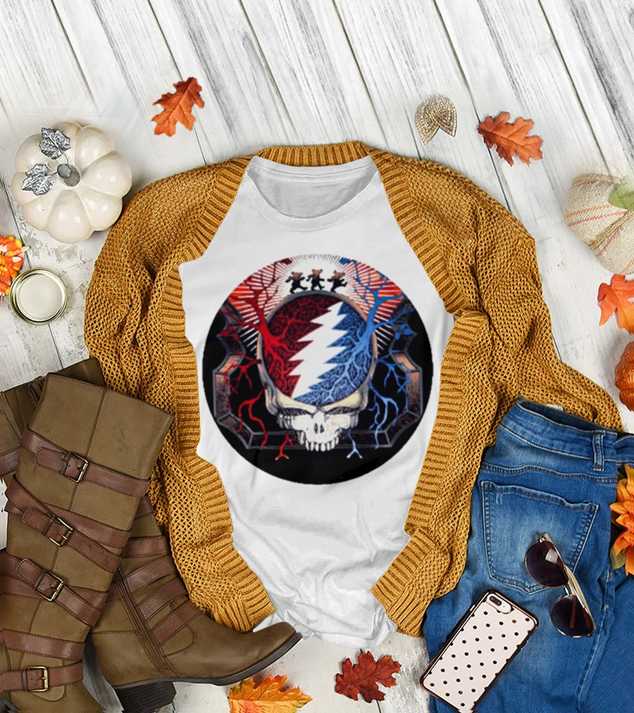 Grateful Dead Skull with Red and Blue Lightning Bear Trio T-Shirt