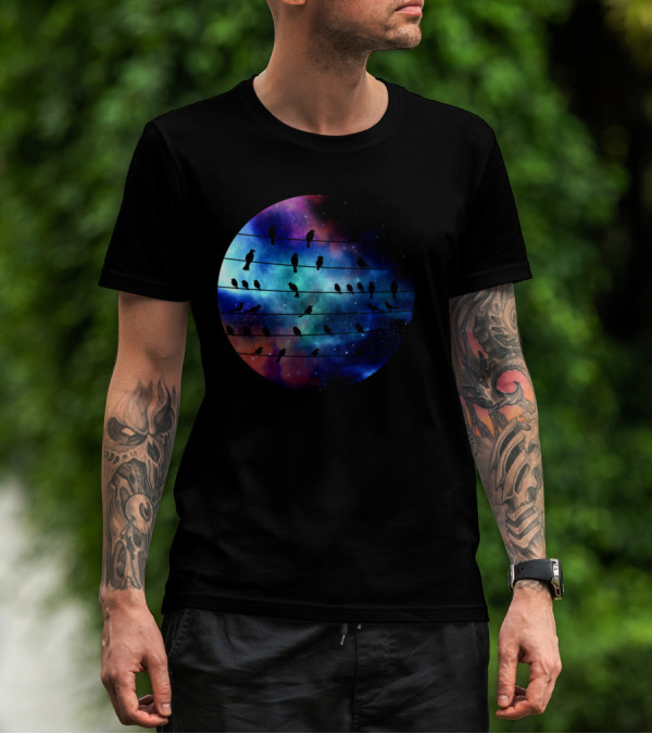 Birds On A Wire Cosmic Galaxy Silhouette In Space T-Shirt