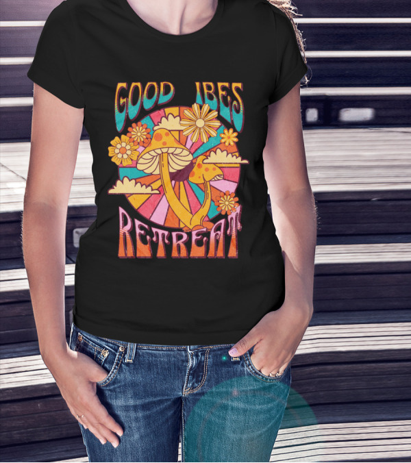 Good Vibes Retreat Mushroom Flowers Retro Psychedelic T-Shirt