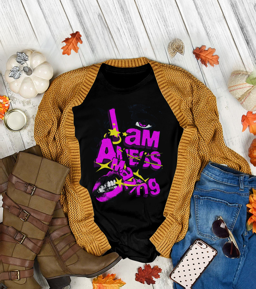 I Am Amazing Bold Eye and Lips Starburst Pink and Yellow T-Shirt