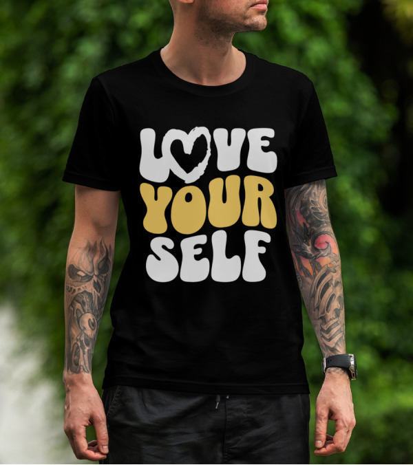 Love Your Self Heart Wavy Typography T-Shirt