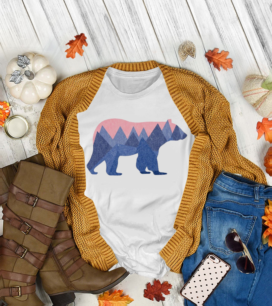 Mountain Bear Silhouette with Geometric Peaks in Blue and Pink T-Shirt
