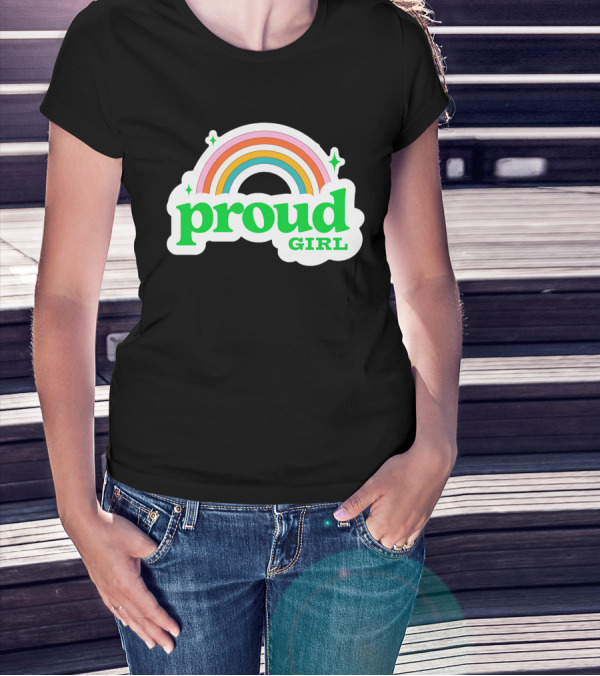 Proud Girl Green Text Rainbow With Sparkles T-Shirt