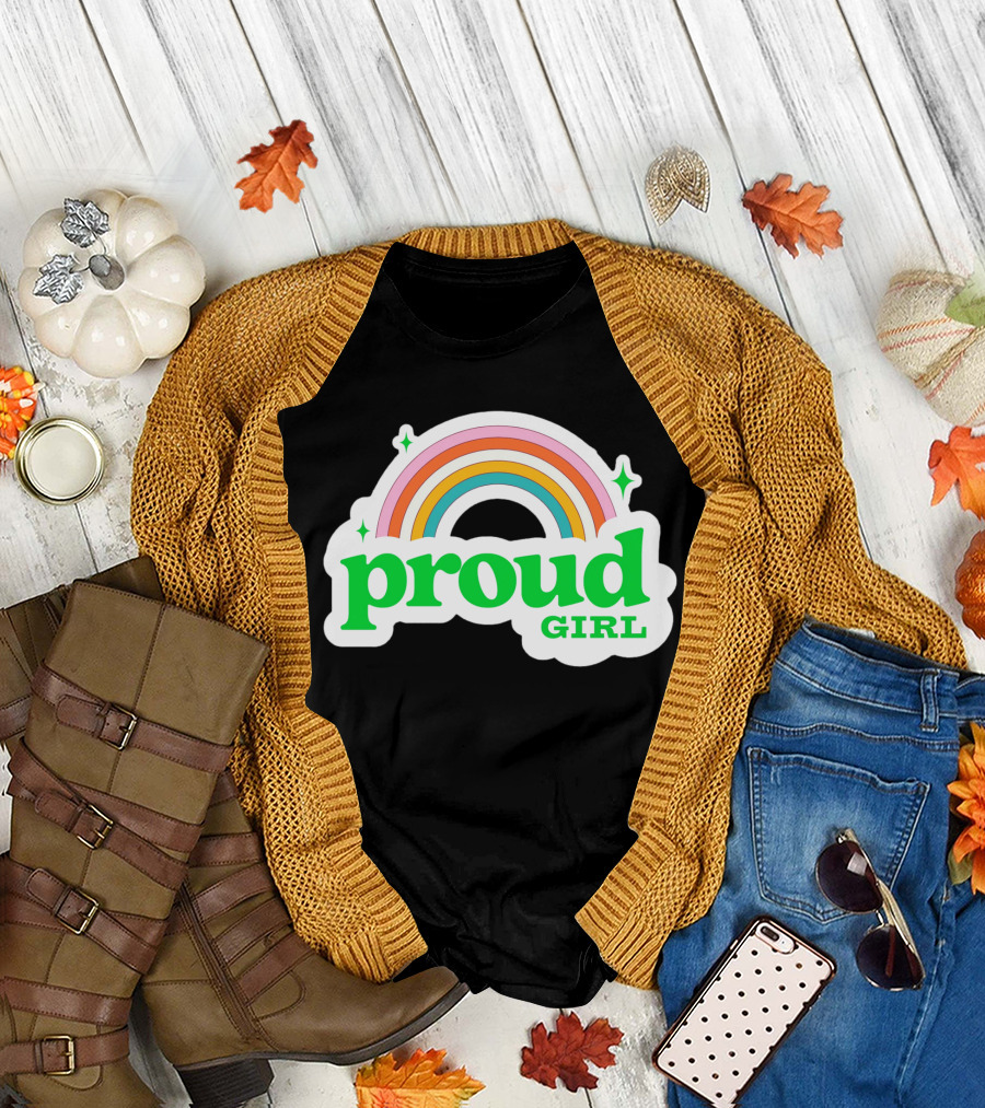 Proud Girl Green Text Rainbow with Sparkles T-Shirt