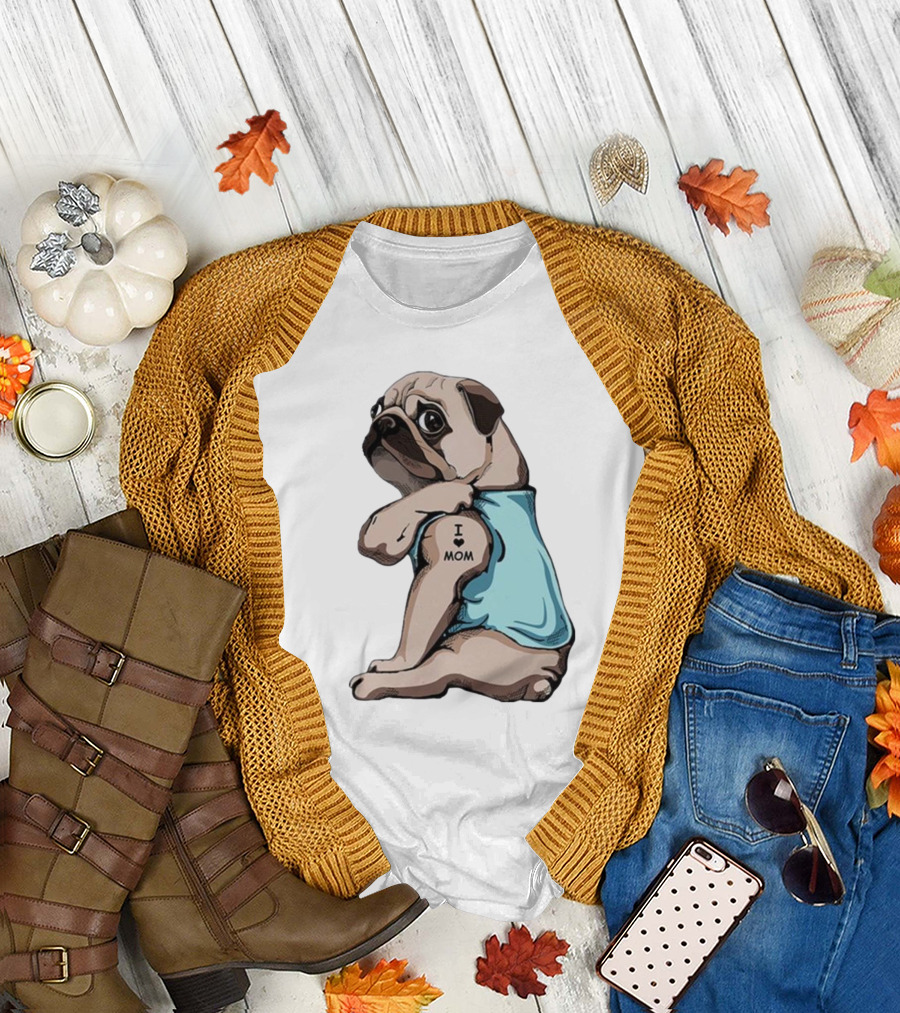 Pug I Love Mom Tattoo Blue T-Shirt