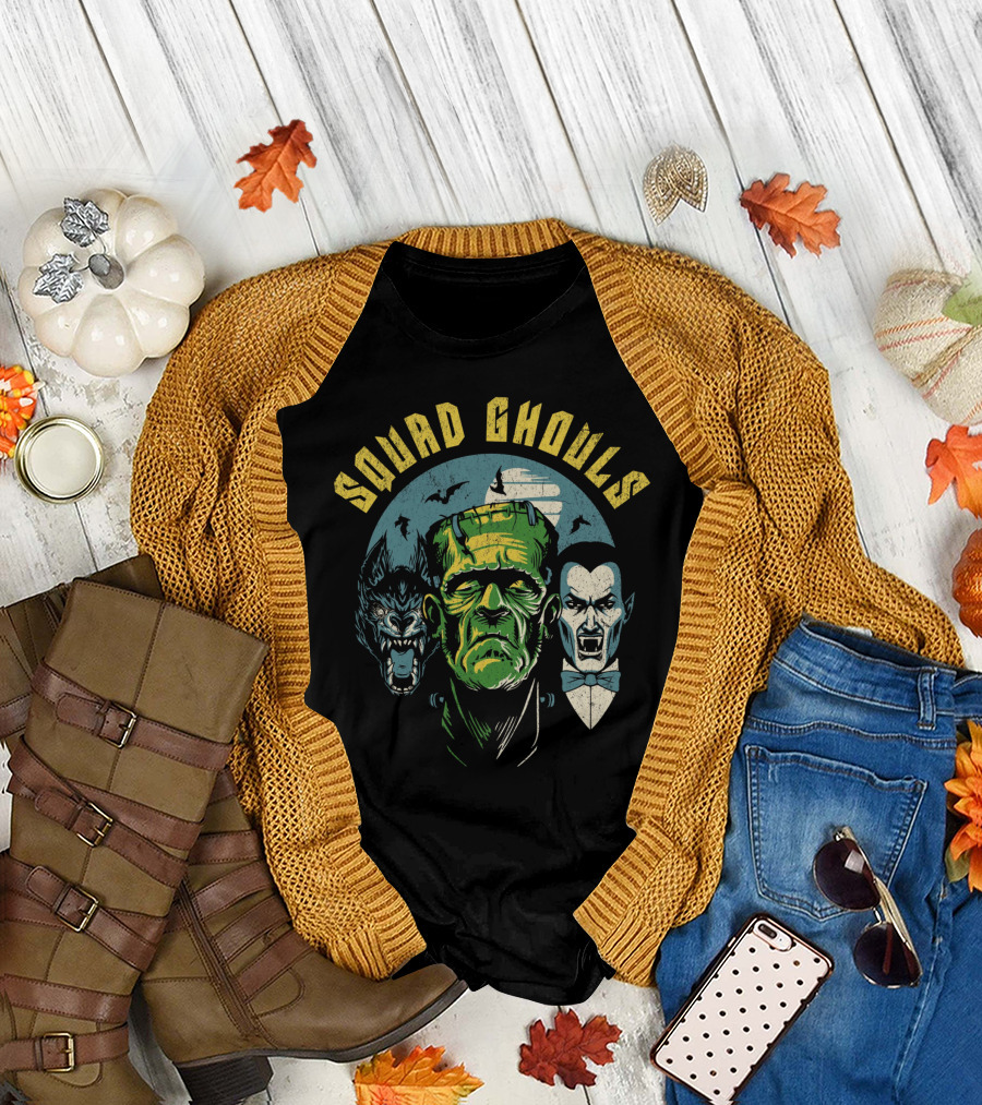 Squad Ghouls Frankenstein Dracula Werewolf Halloween Characters T-Shirt