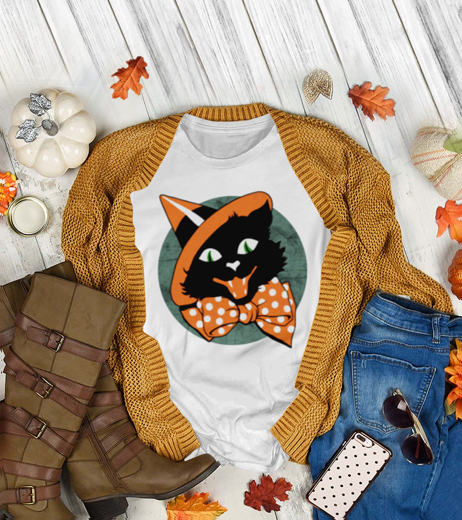Halloween Black Cat Vintage Witch Hat Polka Dot Bow Tie T-Shirt