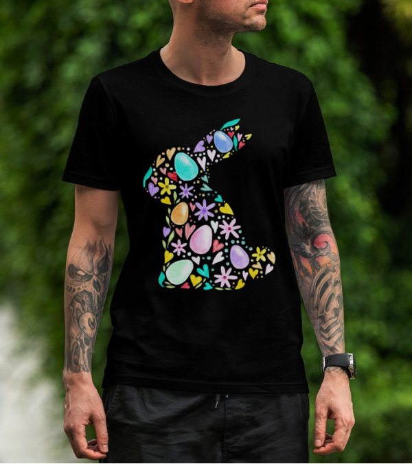 Rabbit Easter Day Colorful Eggs Hearts Flowers T-Shirt