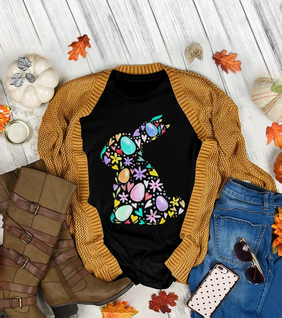 Rabbit Easter Day Colorful Eggs Hearts Flowers T-Shirt