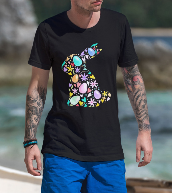 Rabbit Easter Day Colorful Eggs Hearts Flowers T-Shirt