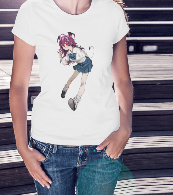Devil Girl Anime School Uniform Purple Hair Horns Tail T-Shirt