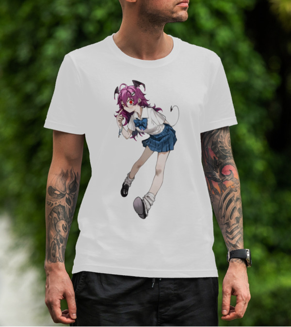 Devil Girl Anime School Uniform Purple Hair Horns Tail T-Shirt