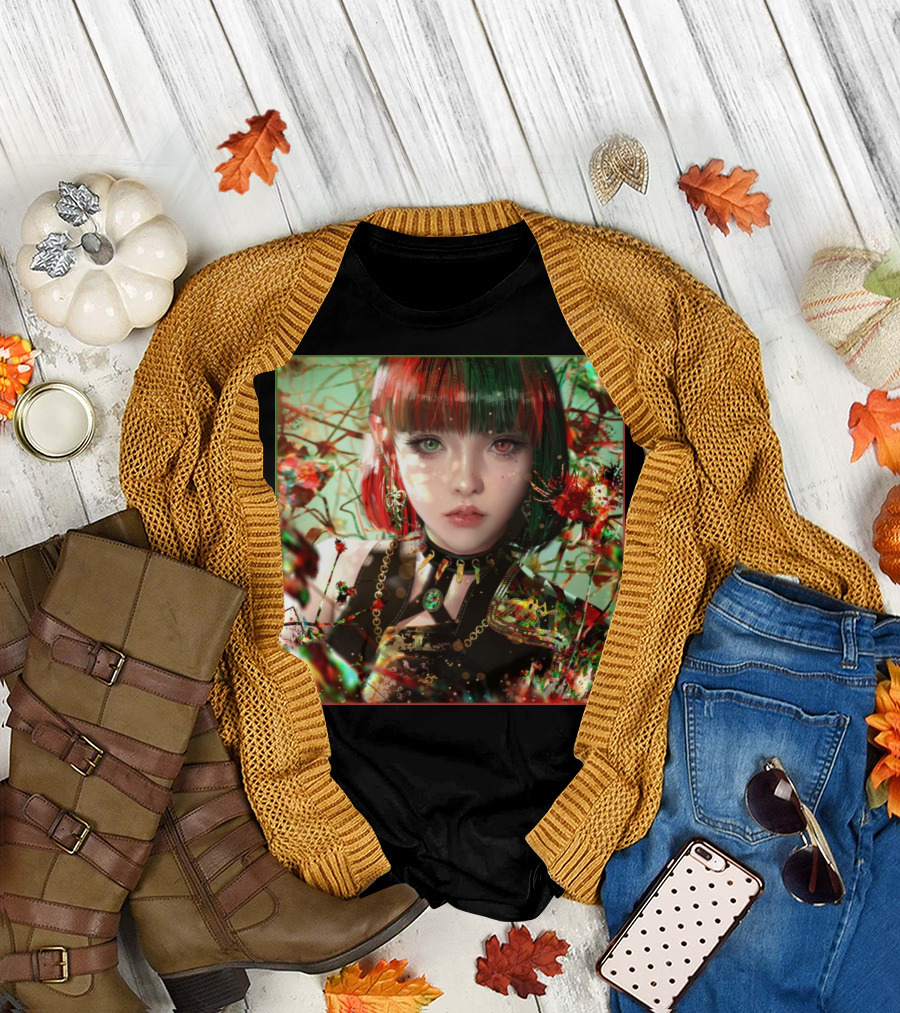 Green Red Sticker Fantasy Portrait Vibrant Blossoms Dual-Tone Hair T-Shirt