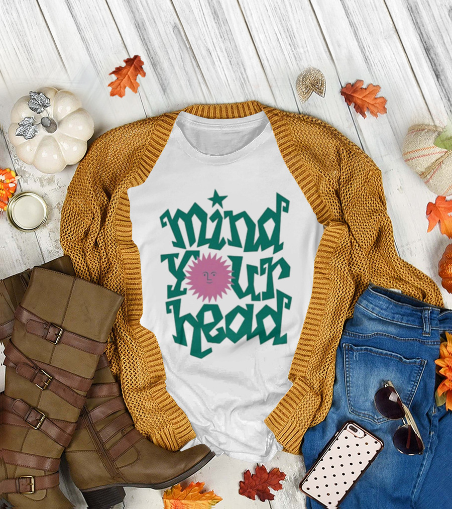 Mind Your Head Funky Text with Pink Smiling Sunburst T-Shirt
