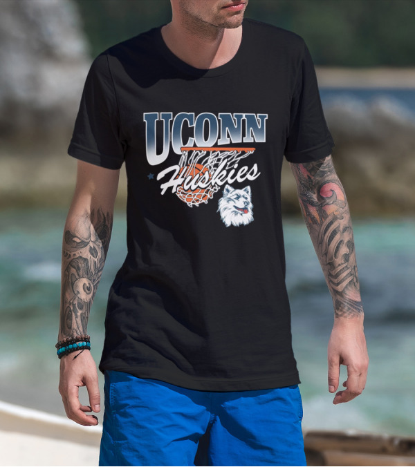 UConn Huskies Basketball Husky Mascot And Net T-Shirt