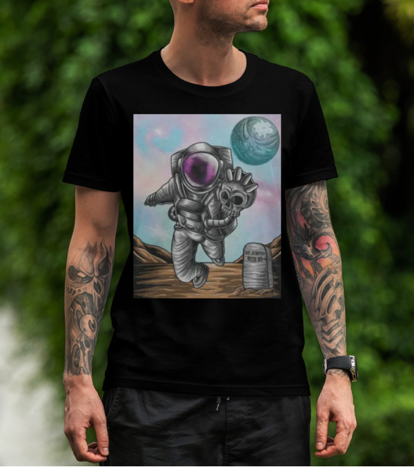 Slim Reaper Essential Youth Astronaut Skull Moon Tombstone He Jumped With Me T-Shirt