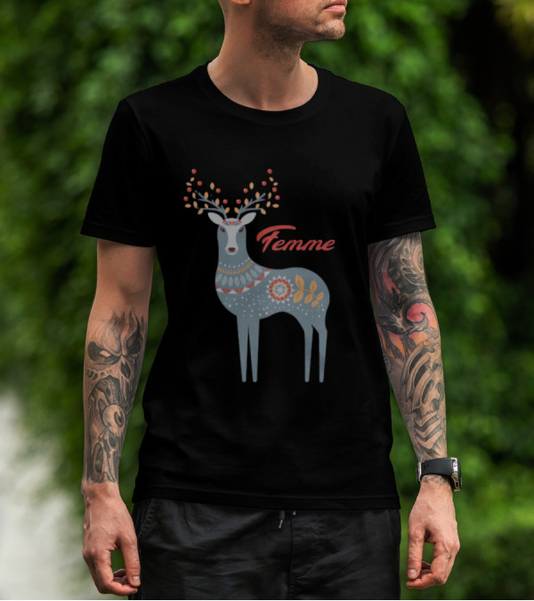 Femme Nordic Deer With Patterned Antlers T-Shirt