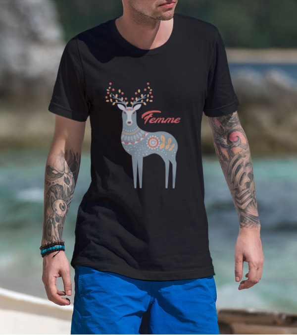 Femme Nordic Deer With Patterned Antlers T-Shirt